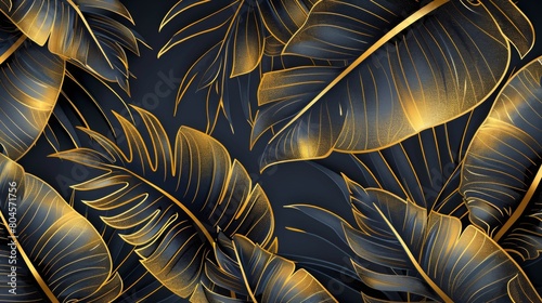 Golden color tropical leaves wallpaper  luxury nature leaves  golden banana leaves line design.