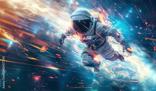 Man in space suit flying through the air