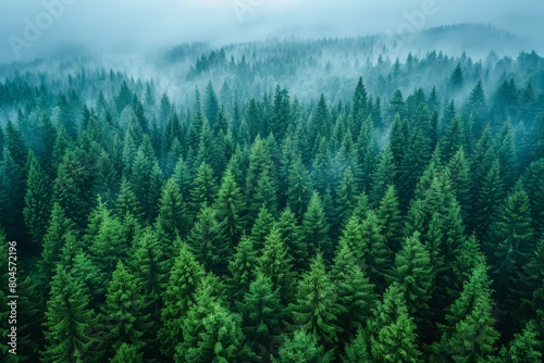 A serene aerial perspective of a dense green forest shrouded in a mystical morning mist