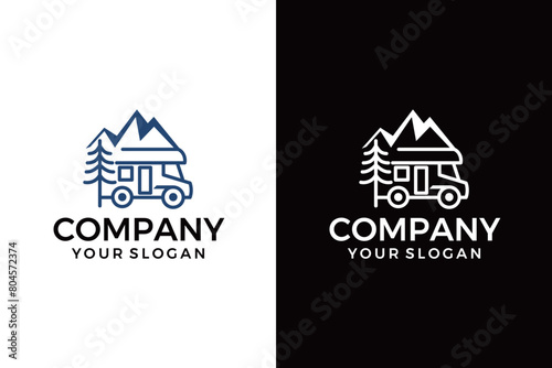Silhouette camper van on mountain travel vintage logo design. Forest camp vacation summertime. Simple line art travel business logo concept.