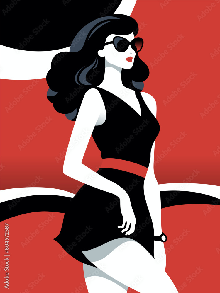Portrait of a beautiful woman in a black dress. Girl with dark hair. Female character in a summer dress. Vintage retro poster.Pop art illustration.Minimalistic style.