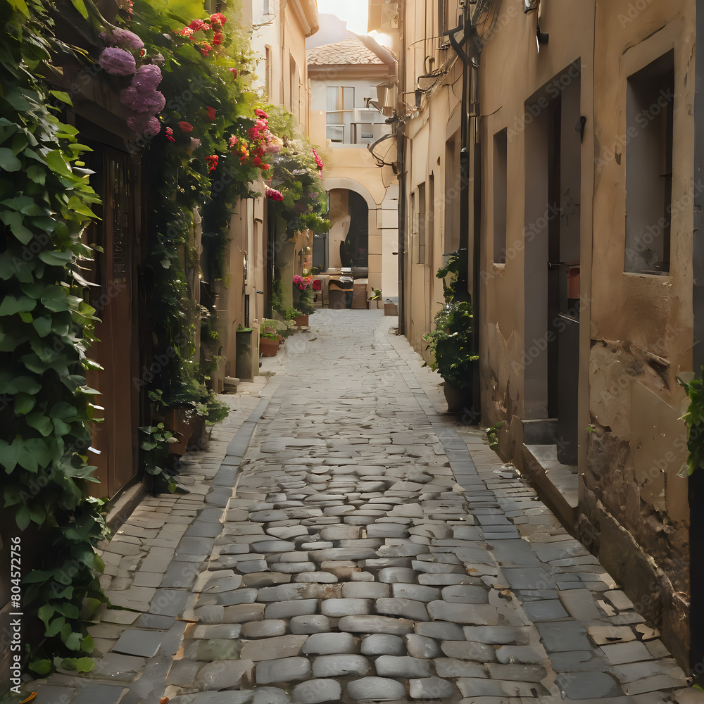 Obraz premium a narrow cobblestone street with flowers growing on the side