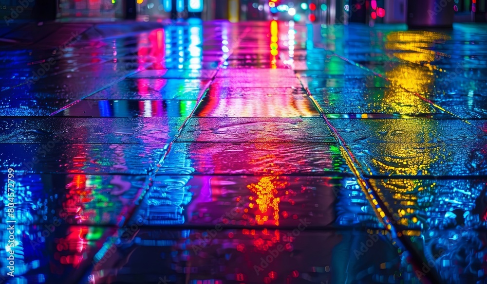 Obraz premium Colorful lights reflecting on wet sidewalk