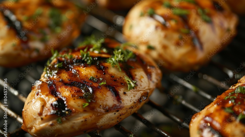 A close-up of chicken breasts grilling on skewers, promising tender and flavorful bites.