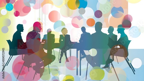 Abstract representation of a business meeting happening in a workplace. Eight people are seated around a table discussing matters. Colorful circles above and around them.
