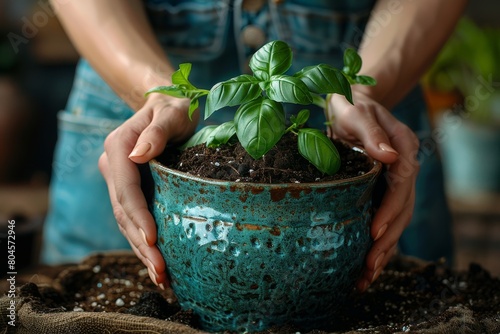 Close-up of hands in a blue apron holding a rustic turquoise pot with fresh basil plants, showcasing home gardening