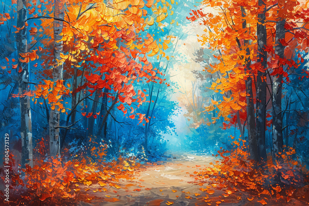 Oil painting landscape - colorful autumn forest.