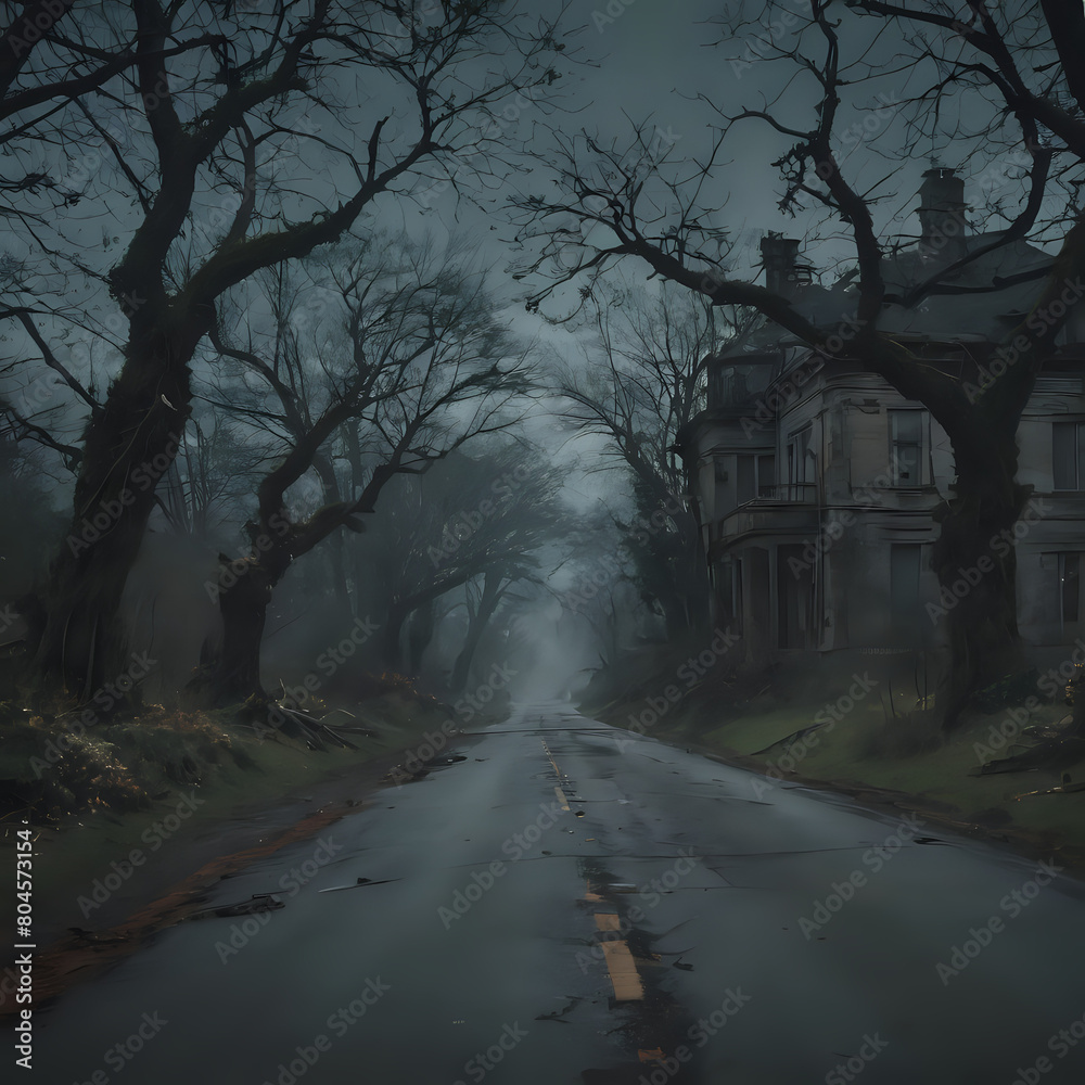 a view of a street with a house and trees on both sides