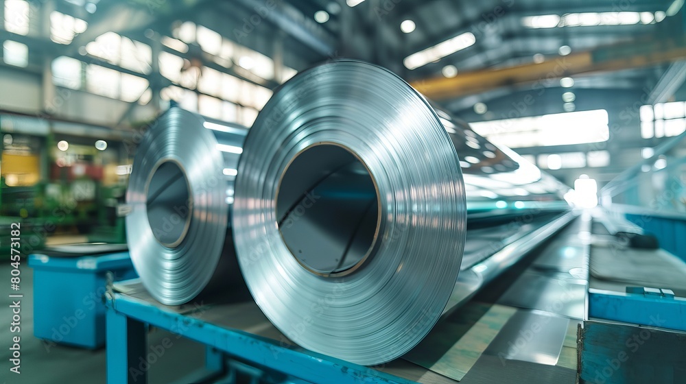 Galvanized steel sheet rolls stored within a factory or warehouse setting. Galvanized steel sheet rolls stored within a factory or warehouse setting.