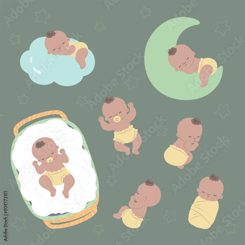 Various scenes of cute babies sleeping, such as cradle, clouds, moon, etc.