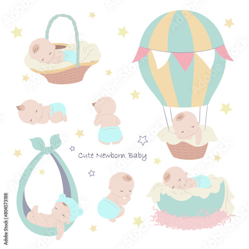 Newborn baby sleeping in hot air balloon or bamboo basket