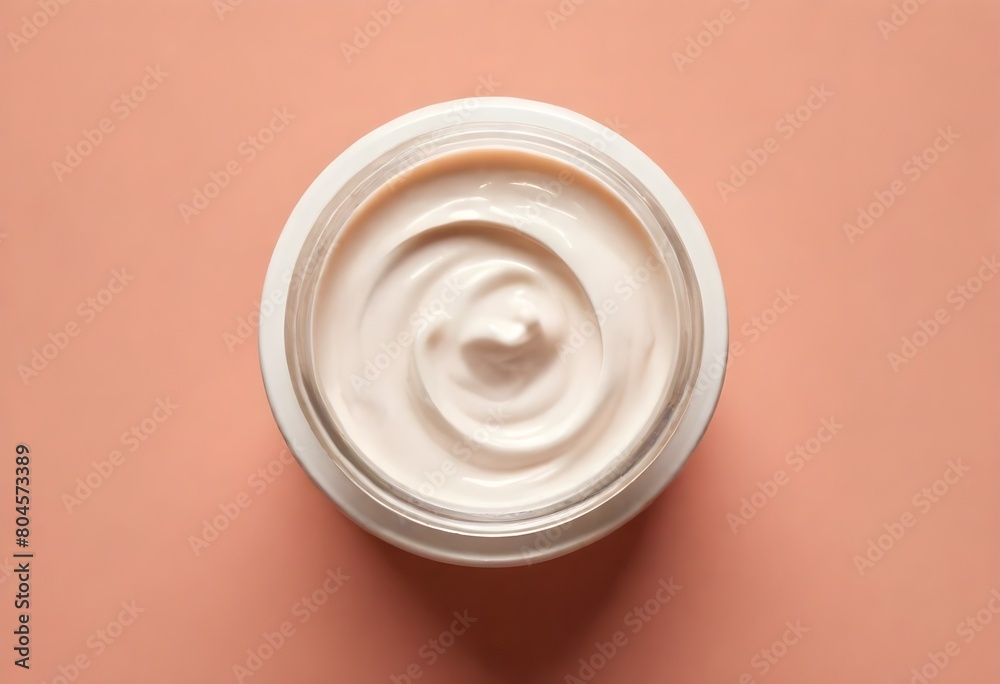 A close up of a white, creamy cosmetic product in a jar against a peach background create with ai A close up of a white, creamy cosmetic product in a jar against a peach background create with ai