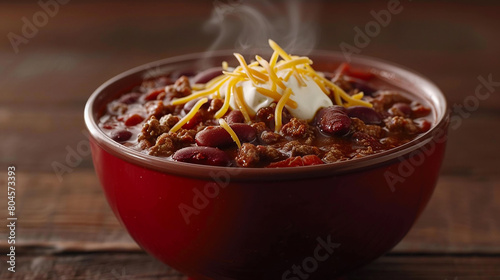 A steaming bowl of hearty chili loaded with ground beef, kidney beans, tomatoes, and spices, topped with shredded cheese and a dollop of sour cream.