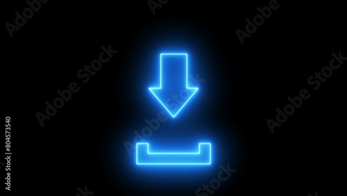 Neon Download button icon, arrow symbol. Download icon vector illustration on black background. photo