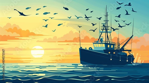 Graphic depiction of a seiner engaged in fish hunting, representing the industry ship at work, set against a horizon with clouds and the sun in the backdrop.