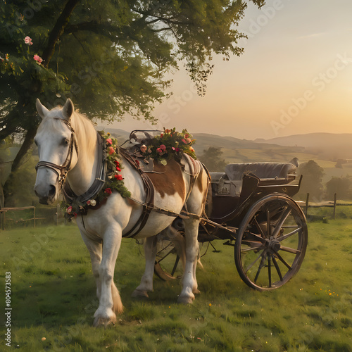horses pulling a carriage with flowers on it in a field