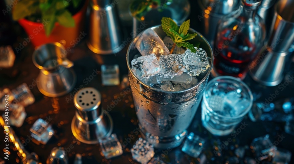 A cocktail shaker filled with ice cubes and ingredients, ready to be shaken into a refreshing drink.