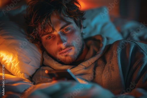 A person is deeply focused on their smartphone while lying in bed with warm-toned lighting, suggesting a sense of solitude or insomnia