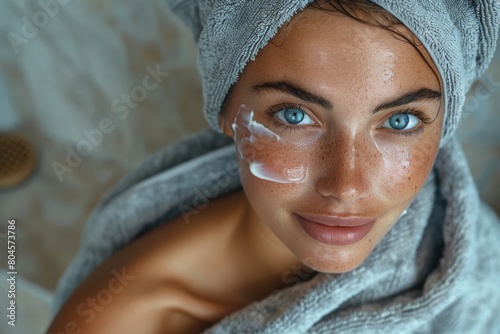 Close-up of a young woman with bright blue eyes  wearing a towel on her head and applying skincare cream