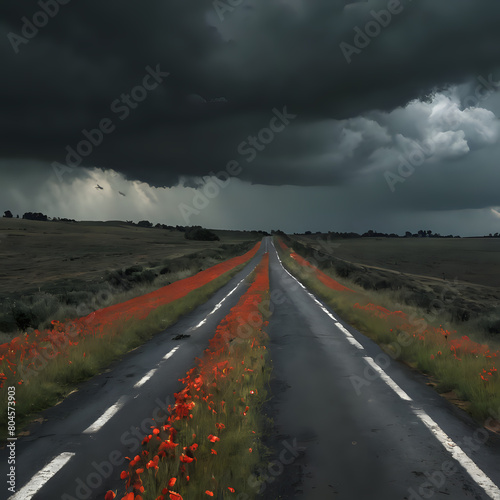 a long road with a line of red flowers on the side