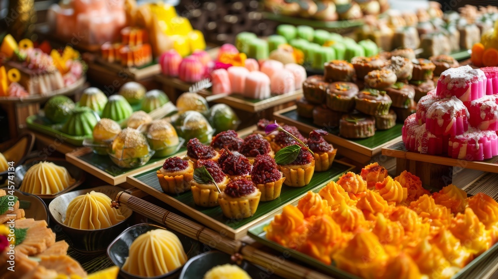 A colorful assortment of traditional Thai desserts, showcasing the artistry of Thai culinary heritage.