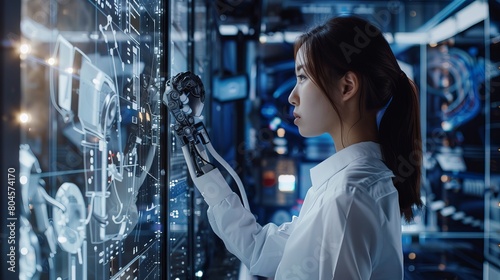 Illustration of a female industrial engineer working with automation robot arms in an intelligent factory, using real-time monitoring software for digital future manufacturing.