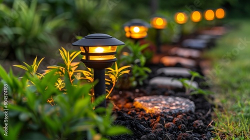 Efficient solar garden lights powered by sunlight to brightly illuminate outdoor areas photo