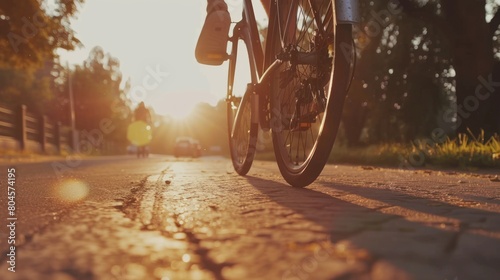 Close up bottom view of cyclists on the street with sunray. AI generated image.