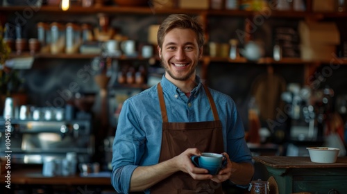 Smiling Barista Offering Coffee Cup