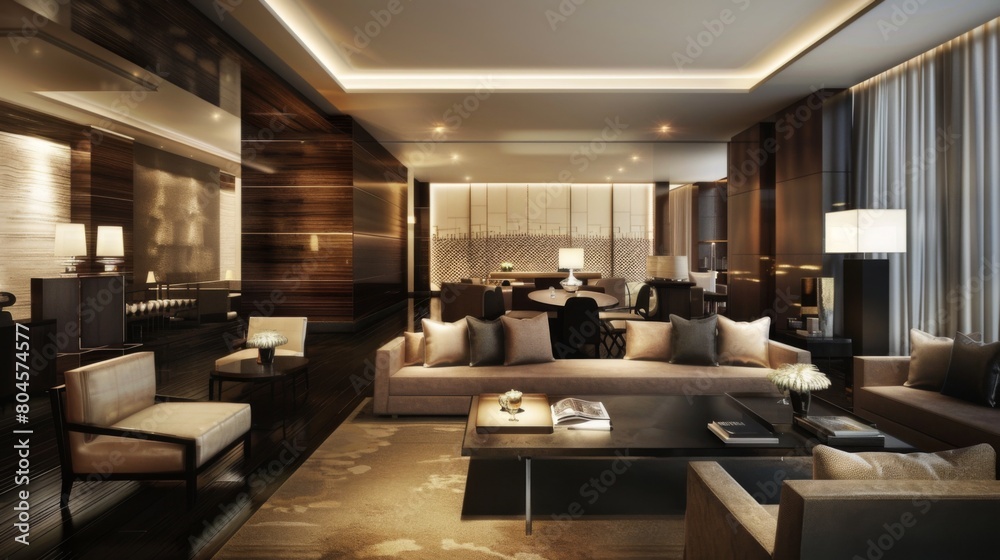 A contemporary reception room with sleek furniture and modern decor, perfect for urban living.