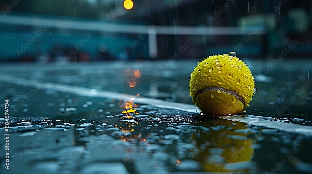 A tennis court in the rain, with the ball glistening with water