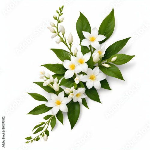 A bouquet of white and yellow flowers with green leaves, likely jasmine or a similar flowering plant © aicha