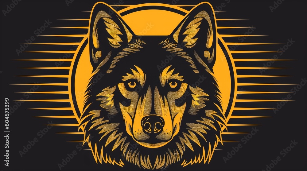 Wolf head against black backdrop, yellow sun centered in image, wolf head at sun's heart Wolf head against black backdrop, yellow sun centered in image, wolf head at sun's heart