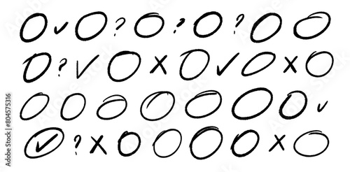 Doodle design elements set - circle, check mark, cross, question mark. Vector decoration graphic design elements.