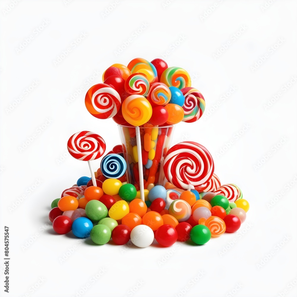 A colorful assortment of various candies and sweets, including a large spiral lollipop, gumballs, jelly beans, and other round candies in vibrant colors like red, orange, yellow, green, and blue