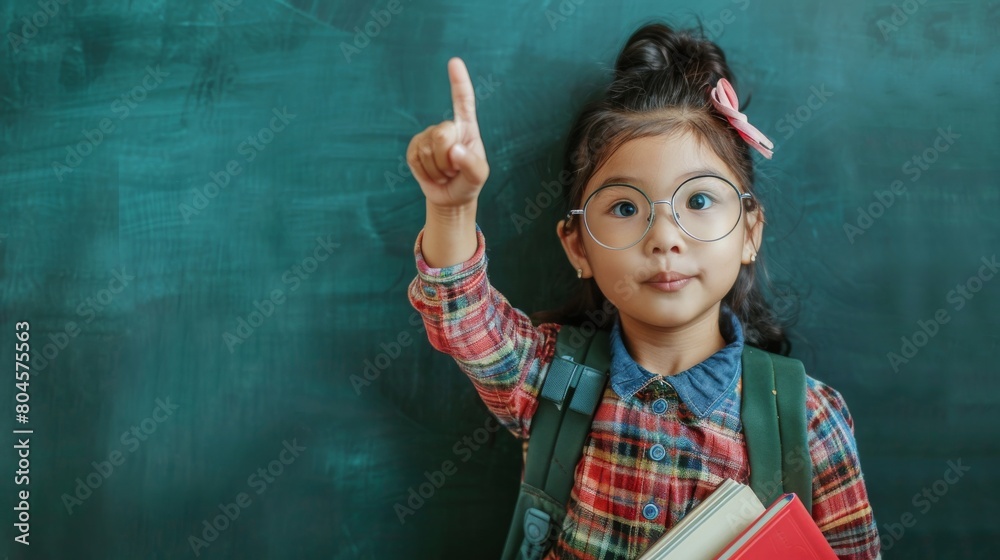 Back to school. Funny little girl Asian in glasses pointing up on blackboard. Child from elementary school with book and bag. Education. Concept of lifelong learning