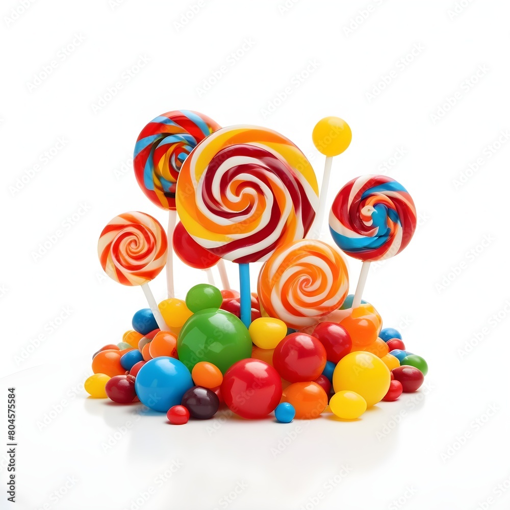 A colorful assortment of various candies and sweets, including a large spiral lollipop, gumballs, jelly beans, and other round candies in vibrant colors like red, orange, yellow, green, and blue