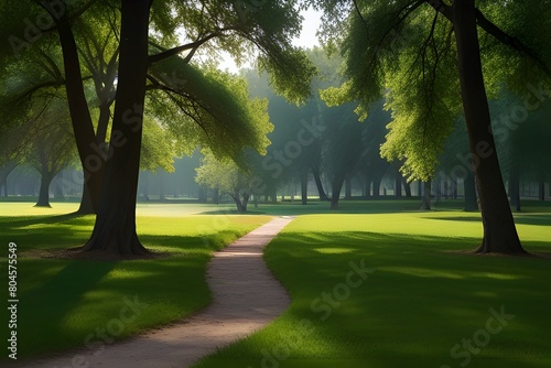 Picturesque green glade in city park. Green grass and trees. Generative AI 