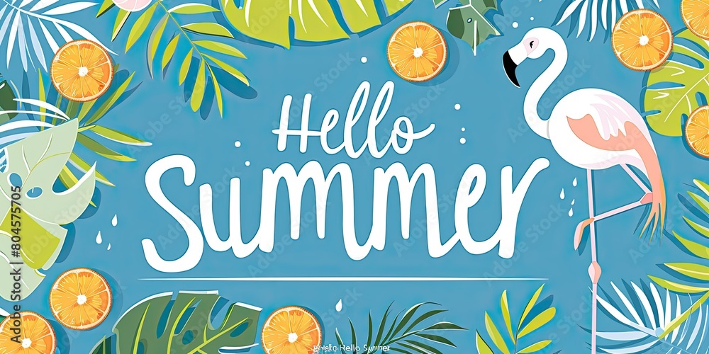 A flat vector illustration of summer theme with text Hello Summer in white, featuring palm leaves and oranges, white flamingo on light blue background, cute style