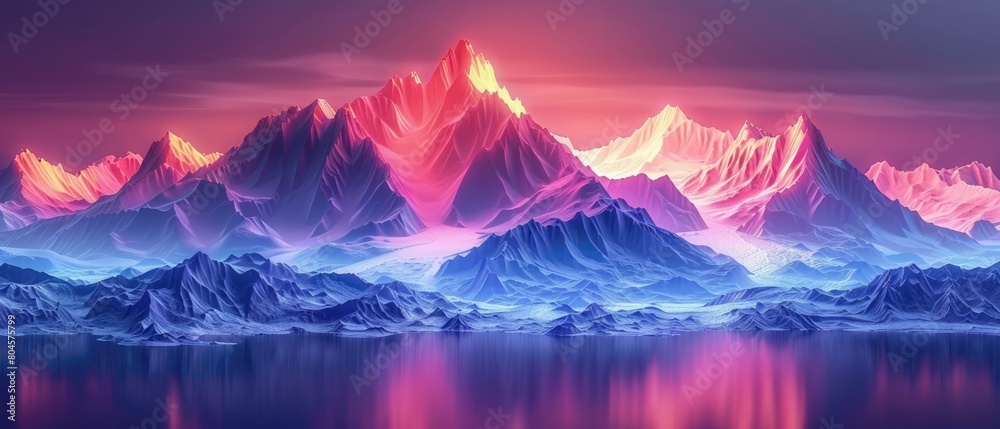 A beautiful landscape of a mountain range at sunset. The mountains are covered in snow. The sky is a gradient of purple, pink, and blue.
