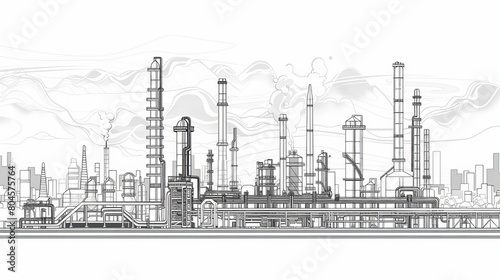 Line drawing depicting an industrial landscape featuring an oil refinery plant  representing the oil industry  with the sky depicted in a separate layer.