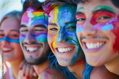 A group of people with colorful face paint are smiling and posing for a picture. Scene is cheerful and fun  as the group appears to be enjoying themselves and celebrating together