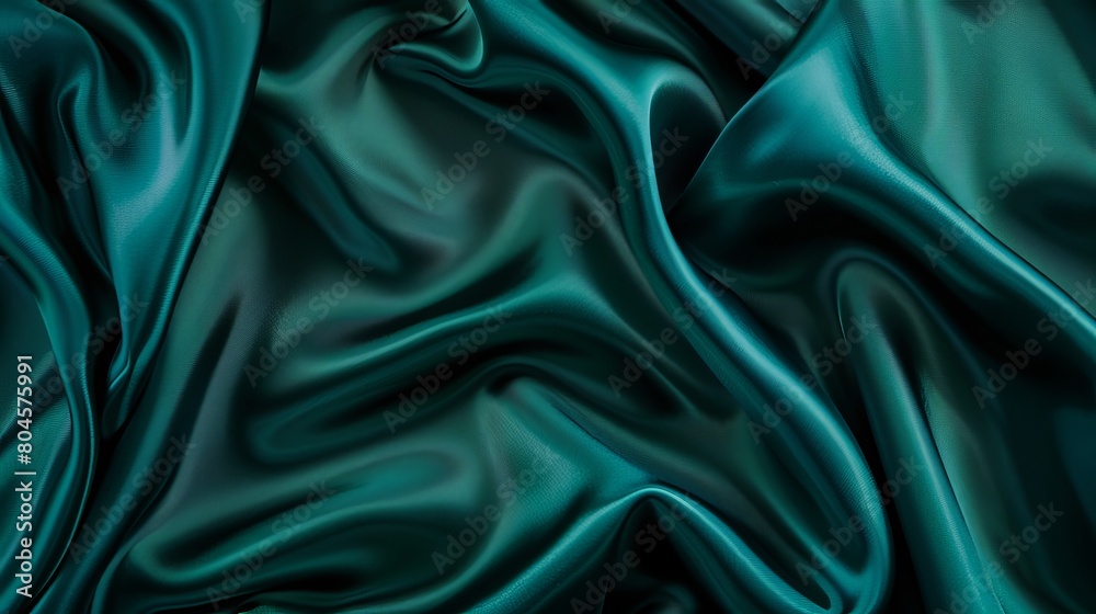 Obraz premium Dark teal green silk satin. Shiny smooth fabric. Soft folds. Luxury background with space for design. web banner. Flat lay, top view table. Birthday, Christmas, Valentine, New year