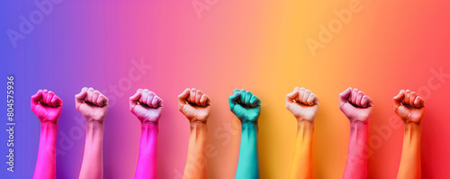 A group of people are holding up their hands in a rainbow of colors. LGBT concept. Poster design. Rainbow fist rased up. Gay Pride.