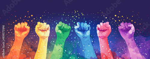 A group of people are holding up their hands in a rainbow of colors. LGBT concept. Poster design. Rainbow fist rased up. Gay Pride.