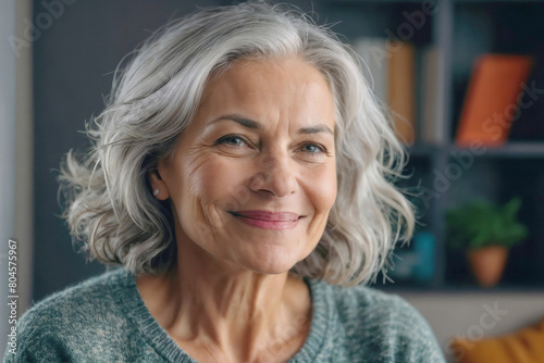 American elderly woman with gray hair is smiling and looking at the camera