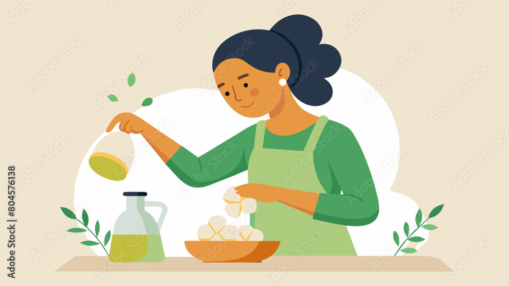 A woman pouring homemade herbal infused oil on a cotton pad to use as a natural makeup remover.. A woman pouring homemade herbal infused oil on a cotton pad to use as a natural makeup remover..