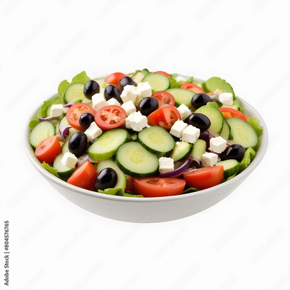 A fresh Greek salad with tomatoes, cucumbers, olives, feta cheese, and a light dressing