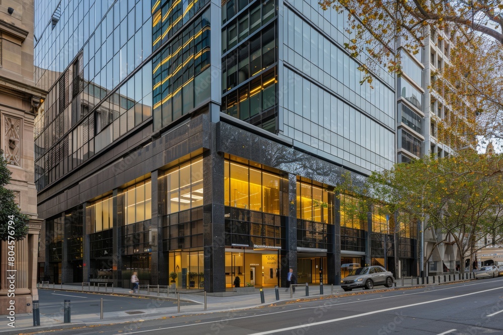 A view of the facade from across an urban street, showcasing large windows on each floor and a minimalist design with grey concrete walls and black steel frames Generative AI