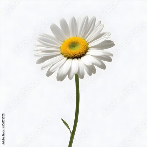 A white daisy flower with a yellow center on a green stem against a white background